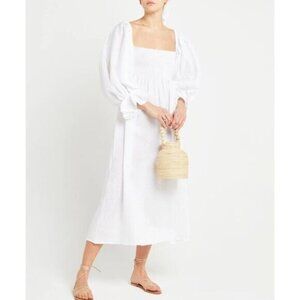 o.p.t. Athena Smocked Off The Shoulder Linen Midi Dress White
